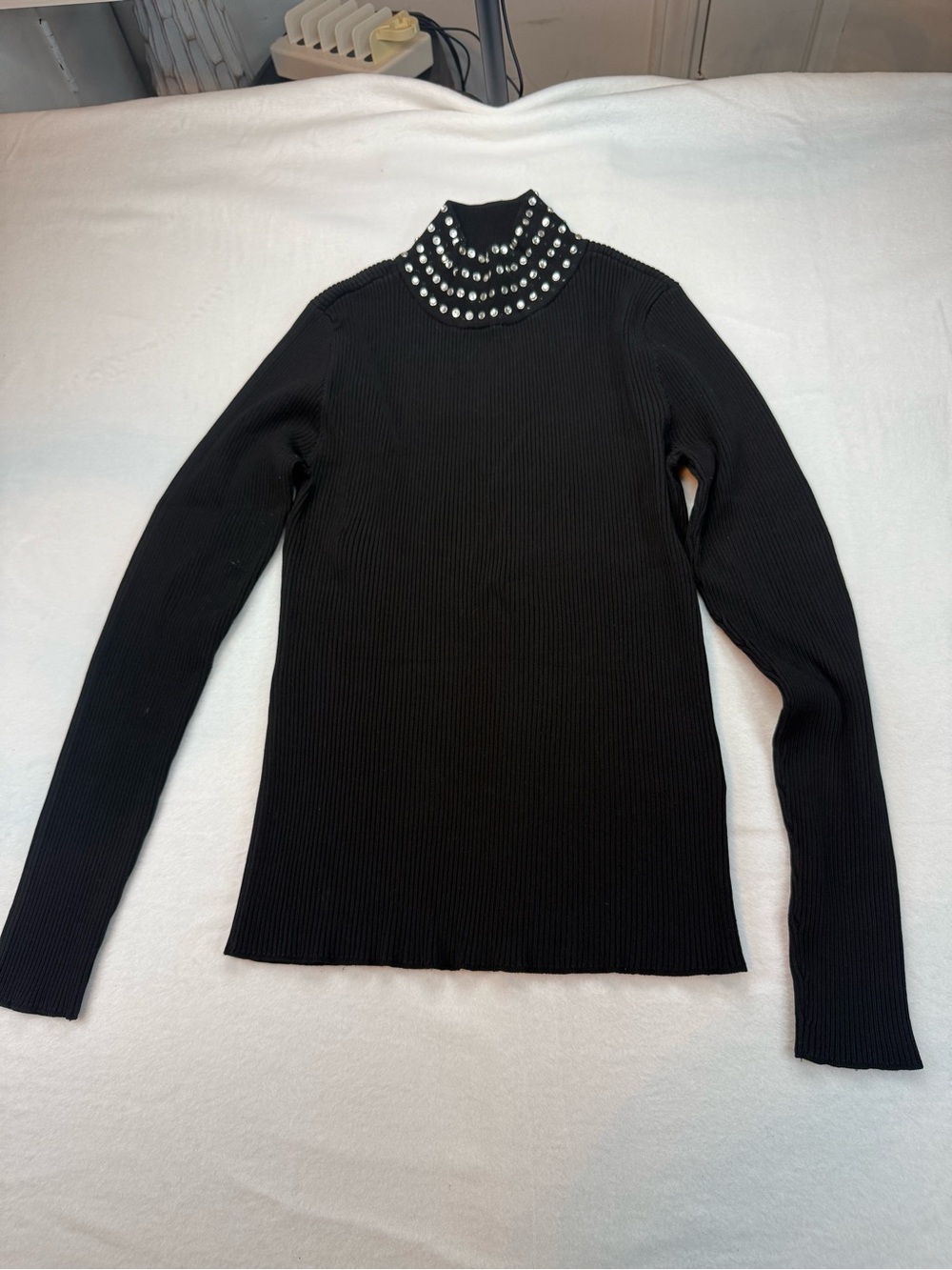 Black Ribbed Turtleneck Top with Embellished Collar